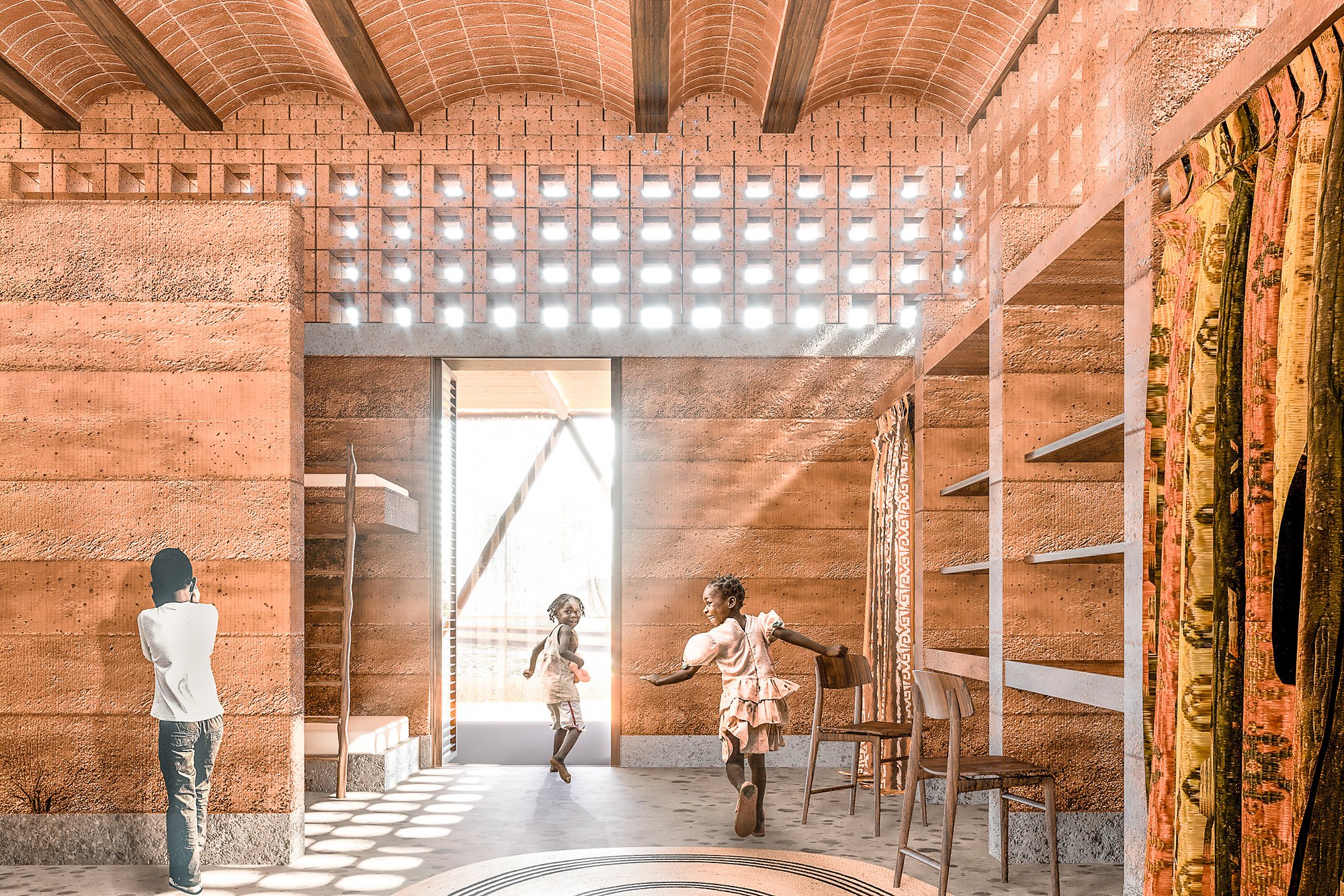 Brick it on! — interior con mobiliario fijo de tierra, madera y tela.