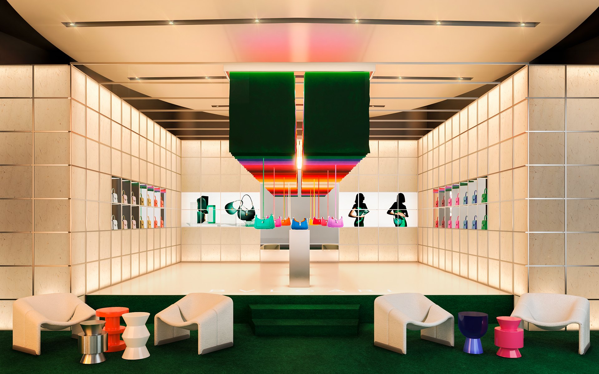 Bvlgari Milano Fashion Week — vista general del stand expositivo.