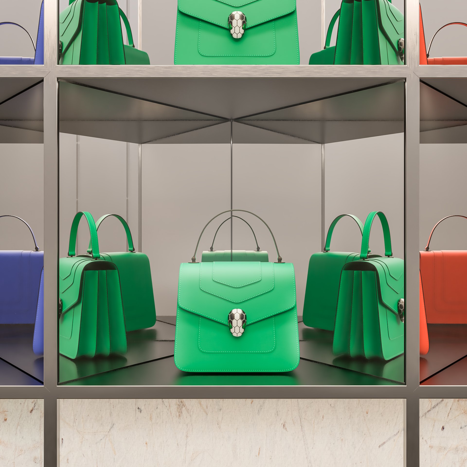 Bvlgari Milano Fashion Week — detalle de expositores y materialidad.