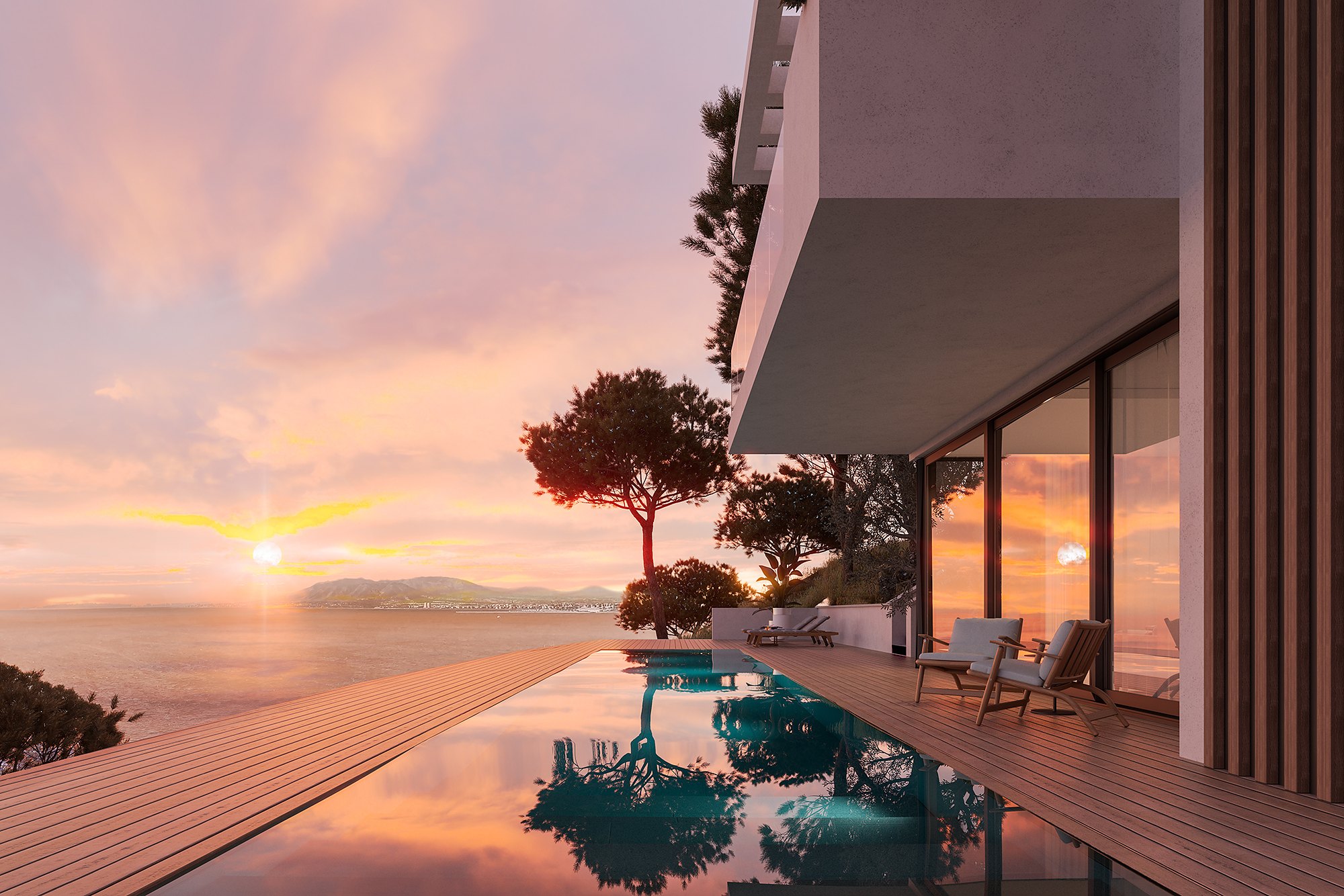 Casa Cantera 5 — la vivienda al atardecer, abierta al paisaje.